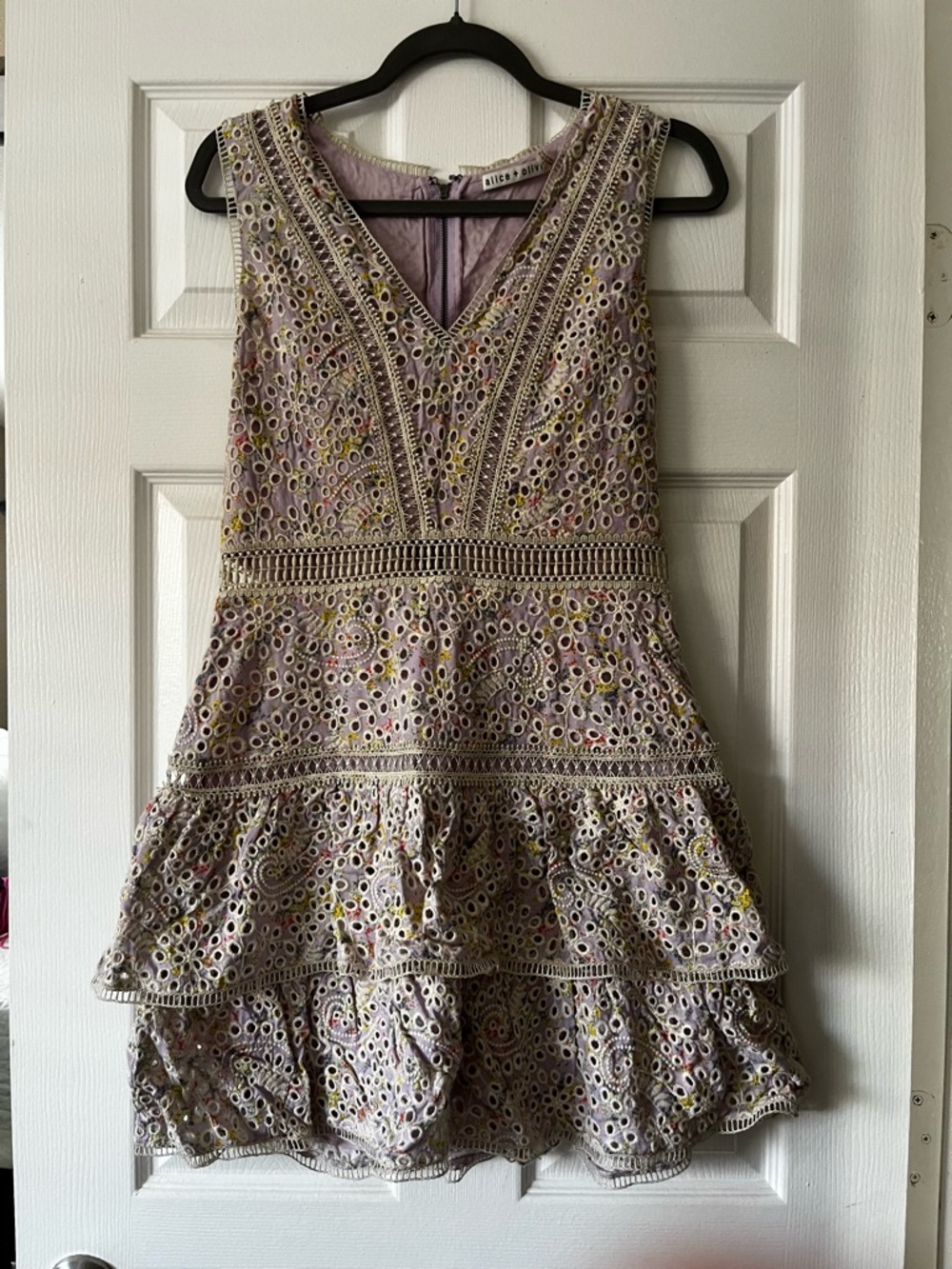 Alice + Olivia Lavender Eyelet Tiered Mini Dress with Multicolor Accents